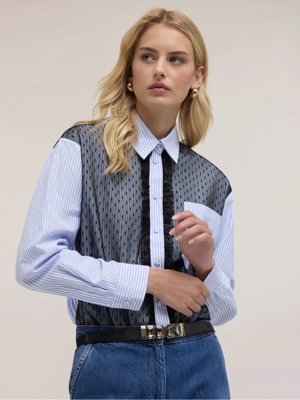 LIzette Collection Button-Front collared Mixed-Panel Chevron/Herringbone Shirt M